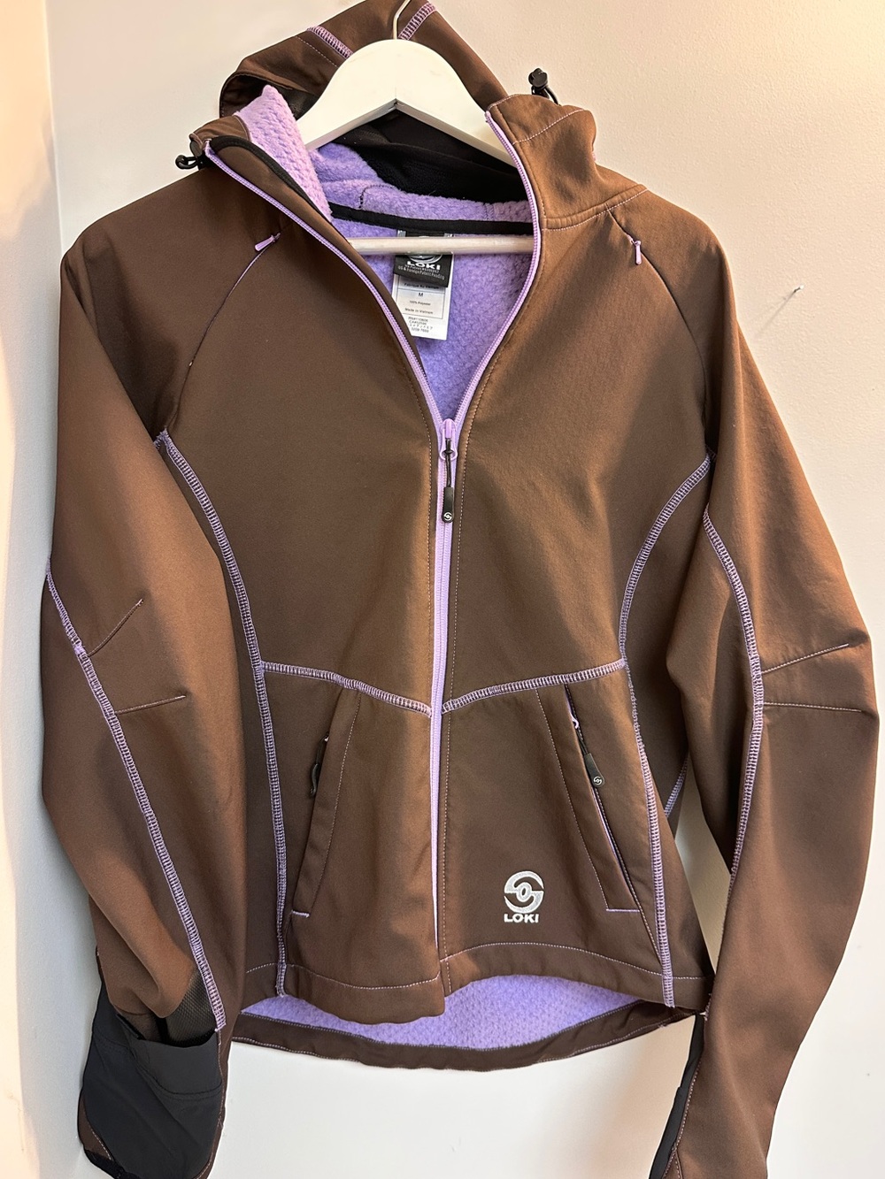 LOKI Women’s Softshell Fleece Jacket Built-In Mitts Brown Purple M